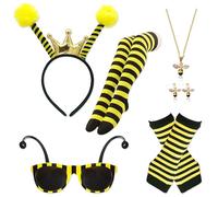 YiiHHooN 6 Piezas Disfraz de Abeja para Mujer, Amarillo y Negro para Adultos, Disfraz Abeja Accesorios con Diadema Gafas Guantes Calentadores Collar y Pendientes para Cosplay