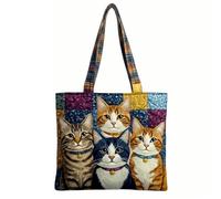 yijan Handmade Cat Quilted Tote Bag - Original Patchwork Cotton Fabric Shoulder Bag Large Capacity Casual Travel Bag (Short Bag(15x14inch))