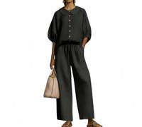 yijan Stylish Peter Pan Collar Shirt And Wide-leg Pant Linen Two-piece Set (Black,M)