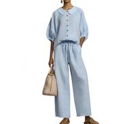 yijan Stylish Peter Pan Collar Shirt And Wide-leg Pant Linen Two-piece Set (Blue,XL)