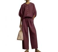 yijan Stylish Peter Pan Collar Shirt And Wide-leg Pant Linen Two-piece Set (Burgundy,XS)