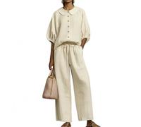 yijan Stylish Peter Pan Collar Shirt And Wide-leg Pant Linen Two-piece Set (Cream,3XL)