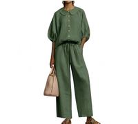 yijan Stylish Peter Pan Collar Shirt And Wide-leg Pant Linen Two-piece Set (Green,L)