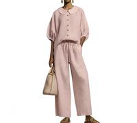 yijan Stylish Peter Pan Collar Shirt And Wide-leg Pant Linen Two-piece Set (Pink,XS)