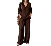 yijan Women’s Cotton Blend Two Piece Outfit - Casual Loose Fit Short Sleeve Top and Pants Lightweight Breathable Summer Set (Coffee,XL)