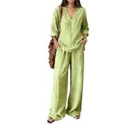 yijan Women’s Cotton Blend Two Piece Outfit - Casual Loose Fit Short Sleeve Top and Pants Lightweight Breathable Summer Set (S,Green)