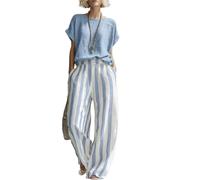 yijan Women’s Cotton Blend Two Piece Outfit - Casual Loose Fit Short Sleeve Top and Pants Lightweight Breathable Summer Set (Navy,XXL)