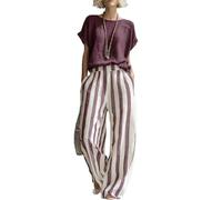 yijan Women’s Cotton Blend Two Piece Outfit - Casual Loose Fit Short Sleeve Top and Pants Lightweight Breathable Summer Set (Burgundy,XS)