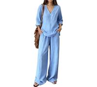 yijan Women’s Cotton Blend Two Piece Outfit - Casual Loose Fit Short Sleeve Top and Pants Lightweight Breathable Summer Set (Blue,XXL)