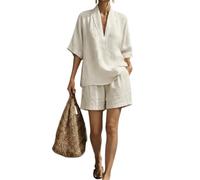 yijan Women’s Linen Cotton Two Piece Outfit - V Neck Short Sleeve Top and Shorts Casual Loose Fit Breathable Summer Set (White,M)
