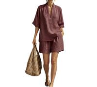 yijan Women’s Linen Cotton Two Piece Outfit - V Neck Short Sleeve Top and Shorts Casual Loose Fit Breathable Summer Set (Burgundy,S)