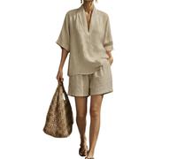 yijan Women’s Linen Cotton Two Piece Outfit - V Neck Short Sleeve Top and Shorts Casual Loose Fit Breathable Summer Set (Khaki,XXL)