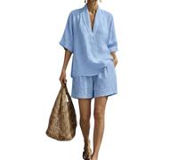 yijan Women’s Linen Cotton Two Piece Outfit - V Neck Short Sleeve Top and Shorts Casual Loose Fit Breathable Summer Set (Blue,XL)