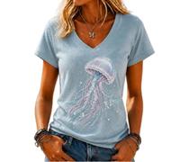 yijan Women’s Ocean 3D Print V-Neck T-Shirt Top Casual Short Sleeve Blouse (Jellyfish,L)