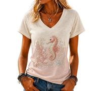 yijan Women’s Ocean 3D Print V-Neck T-Shirt Top Casual Short Sleeve Blouse (Seahorse,L)