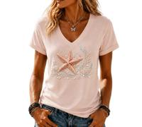 yijan Women’s Ocean 3D Print V-Neck T-Shirt Top Casual Short Sleeve Blouse (Starfish,L)