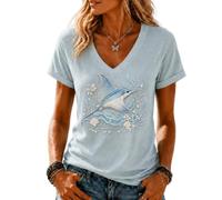 yijan Women’s Ocean 3D Print V-Neck T-Shirt Top Casual Short Sleeve Blouse (Stingray,L)