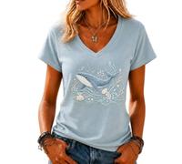 yijan Women’s Ocean 3D Print V-Neck T-Shirt Top Casual Short Sleeve Blouse (Whale,L)