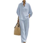 yijan Women’s Waffle Knit Two Piece Lounge Set - Casual Loose Fit Top and Pants Breathable Lightweight Summer Outfit (Blue,M)