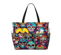 YIJIAYUN Bolsas de viaje de playa de gran capacidad con estampado de calaveras de azúcar con cremallera y bolsillos para viajes, vacaciones, fitness