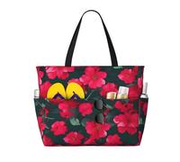 YIJIAYUN Bolsas de viaje de playa de gran capacidad con estampado de flores rojas y rosas con cremallera y bolsillos para viajes, vacaciones, fitness