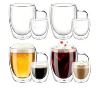 YIK TUNG Juego de 8 vasos de café - 4 vasos de doble pared de 350 ml para latte macchiato con asa y 4 vasos de espresso de 80 ml de vidrio de borosilicato, juego de tazas térmicas aptas para