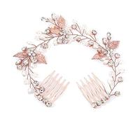 Yikisdy Peine lateral para el pelo de novia con cristal de oro rosa, pieza de pelo de flores de perlas para la cabeza de novia, accesorios para el cabello para mujeres y niñas