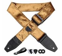 YIKOKO Correa de guitarra de terciopelo de 2 pulgadas con extremo de cuero de grano completo, para bajo eléctrico y guitarras acústicas, botón de correa gratis, 2 cierres de correa y 4 púas de