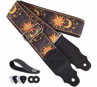 YIKOKO Correa de guitarra Golden Sun, extremo de cuero vacuno, correas de guitarra de 2 pulgadas para guitarra acústica y bajo, botón libre, 2 cierres de correa y 4 púas de guitarra