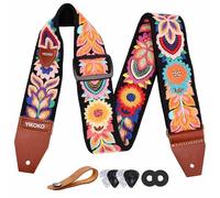 YIKOKO Correa para guitarra, correas de guitarra de algodón de punto de flor de 5 cm con extremo de cuero de grano completo, para bajo eléctrico y guitarras acústicas, botón de correa gratis, 2