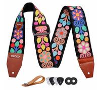 YIKOKO Correa para guitarra, correas de guitarra de algodón de punto de flor de 5 cm con extremo de cuero de grano completo, para bajo eléctrico y guitarras acústicas, botón de correa gratis, 2