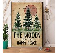 YiKue Divertidos letreros retro de hojalata con texto en inglés "Forest The Woods are My Happy Place", vintage, para motocicleta, gasolina, garaje, decoración de pared del hogar, placas de metal, 20,3