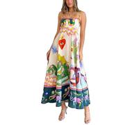YILEEGOO Vestido largo de algodón y lino con tirantes delgados para mujer, estampado étnico de serpiente, vestido largo sin mangas, Beige y rosa, S