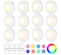 Yiliaw Paquete de 12 luces LED de disco con control remoto, 16 colores cambiables debajo del gabinete, luces a pilas, luz nocturna con regulador y regulador para armario, dormitorio, cocina, color