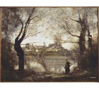 YIMACBJXX Cuadro en Lienzo La cattedrale e la città di Mantes viste attraverso gli alberi della sera Olio su tela di Jean Baptiste Camille Corot para Decoración de Paredes 60x90cm