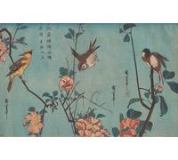 YIMACBJXX Impresiones de Lienzo Pintura Poster La cincia e l'uccello delle camelie e le rose selvatiche e il rigogolo dalla nuca nera di Utagawa Hiroshige para Decoración de Paredes 60x90cm