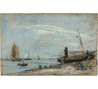 YIMACBJXX Pinturas Famosas Lienzo Imagen Art Painting Art Cuadro Spiaggia con barche da pesca Paesaggio con contadino che ara un campo di Eugene Louis Boudin para Decoraciones del Hogar 60x90cm