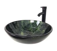 YIMAI Ingenuity Fregadero de baño de vidrio templado de 16.5 pulgadas, cuenco redondo con grifo verde (20204)