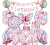 YIMAKJ Mariposa Vajilla CumpleañOs, DecoracióN CumpleañOs NiñA, Mariposa Fiesta CumpleañOs Decoracion, 84 Piezas Kit CumpleañOs con Mantel, Globo, Vasos De Papel, Servilletas para 16 Invitados