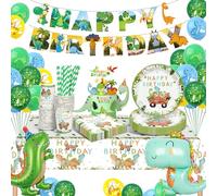 YIMAKJ Set de Fiesta de Dinosaurio, 89Pcs Platos y Vasos para Cumpleaños, Decoraciones para Niños y Baby Showers