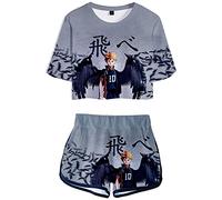 YIMIAO Niña Mujer Haikyuu T-Shirts y Shorts del Karasuno Cuello Redondo Manga Corta Verano Camiseta y Pantalones cortos Cosplay Voleibol Hinata Shoyo Kageyama Conjuntos set(XXL)