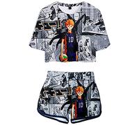 YIMIAO Niña Mujer Haikyuu T-Shirts y Shorts del Karasuno Cuello Redondo Manga Corta Verano Camiseta y Pantalones cortos Cosplay Voleibol Hinata Shoyo Kageyama Conjuntos set(S)