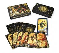 YIMINGOUFEI Baraja Tarot Negra y Dorada Rider Waite, 78 Cartas + 2 de Colección con Guía de 36 Páginas, Tarot PVC Impermeable con Diseño Celestial en Inglés