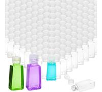 YIMITEE Paquete de 100 botellas de plástico de viaje de 1 onza, botella de aseo vacía recargable con tapa abatible, mini botella transparente desinfectante de manos, recipiente de muestra pequeño para
