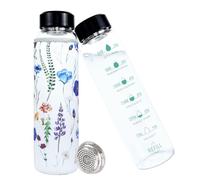 YIMOJOY Botella de vidrio de 1 litro con marca de tiempo, sin BPA, botella de vidrio de 1000 ml con funda protectora y filtro de acero inoxidable, botella a prueba de fugas, botella de agua de vidrio