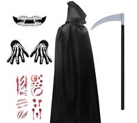 YIMOJOY Capa de Halloween Set Hombre,Capa de Halloween Negro con guadaña y cicatrices tatuajes,Unisex Capa de Halloween con capucha Reaper Cabo 150CM Vampiro de disfraces para Cosplay Carnaval(M)