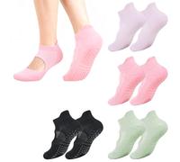Yimomoyi 4 pares de calcetines de agarre para pilates, yoga para mujer, antideslizantes, con hueco superior y diseño realzado en la cola, ideales para pilates, barra, ballet, danza