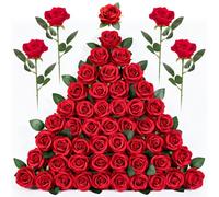 Yimomoyi 50 Rosas Artificiales Rojas, Individuales de Tallo Largo y Color Rojo Oscuro, Rosas Artificiales realistas para decoración de Bodas, Ramos de Novia, propuestas de Matrimonio, Cumple