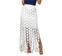 Yimoon Faldas largas ahuecadas para mujer, estilo bohemio, dobladillo con flecos, falda larga de tul elástico de cintura alta con borlas, falda fluida (blanco-S)