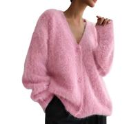 Yimoon Suéter Tipo cárdigan Mullido para Mujer, Cuello en V, Manga Larga, con Botones, suéter de Punto Peludo Holgado 2024, Rosado, S